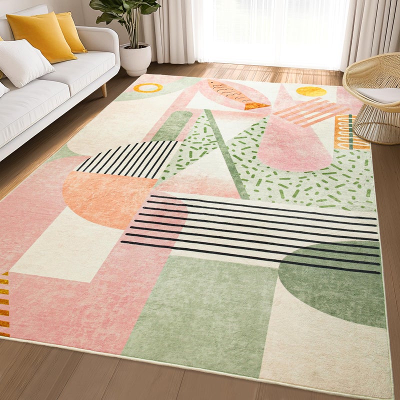 Tepook Pink Area Rug for Living Room, 5x7 Indoor Carpet for Bedroom Washable, Non-Slip Abstract Print Kids Rug for Nursery Playroom Classroom Dorm Office Dining Room - Image 1