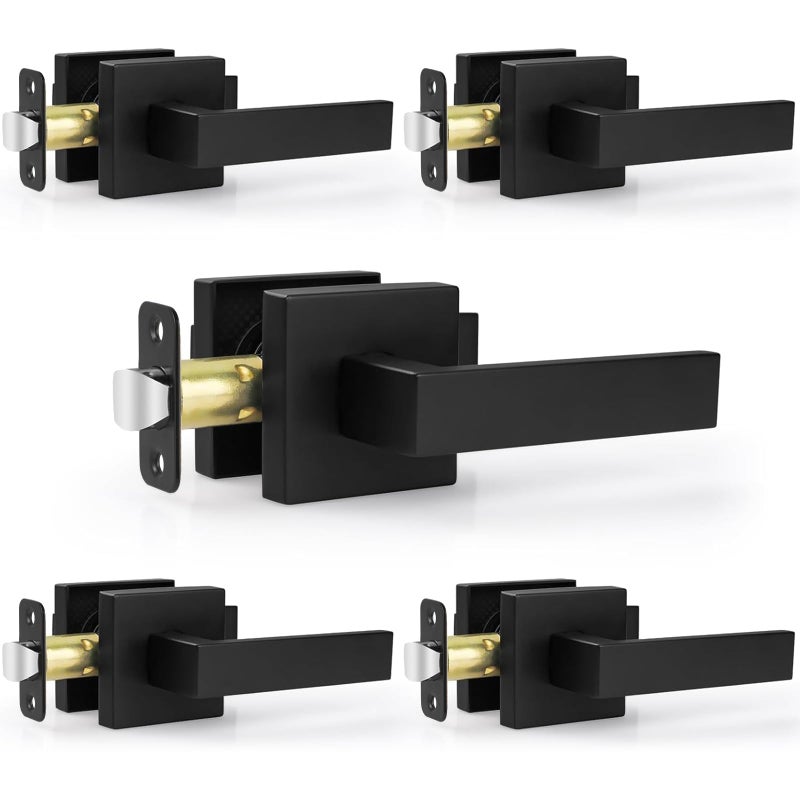 Estmoon 5 Pack Passage Door Handles Matte Black Door Knobs, Interior Door Knobs Square Heavy Duty Non-Locking Handlesets Hall Closet Handles, Reversible for Right & Left Sided Doors - Image 1