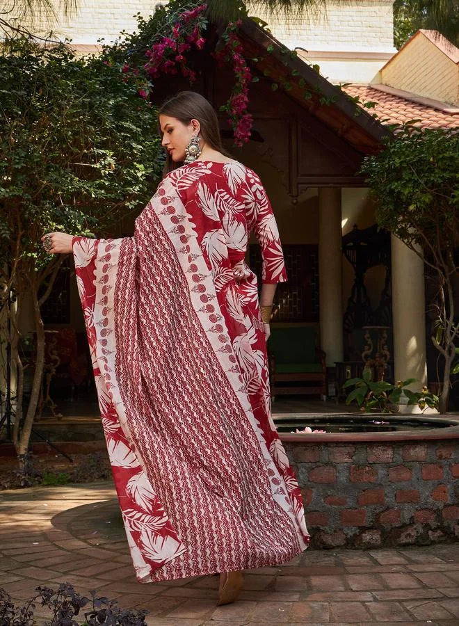 SASSAFRAS SASSAFRAS Maroon Floral V-Neck Kurta with Pencil Pants and Dupatta Set