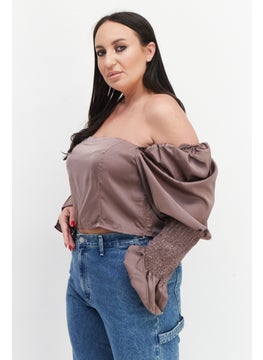 In the style Women Off-Shoulder Long Sleeve Solid Top, Taupe  - Image 2