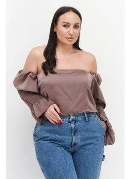 In the style Women Off-Shoulder Long Sleeve Solid Top, Taupe  - Image 1