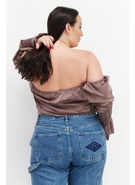 In the style Women Off-Shoulder Long Sleeve Solid Top, Taupe  - Image 4
