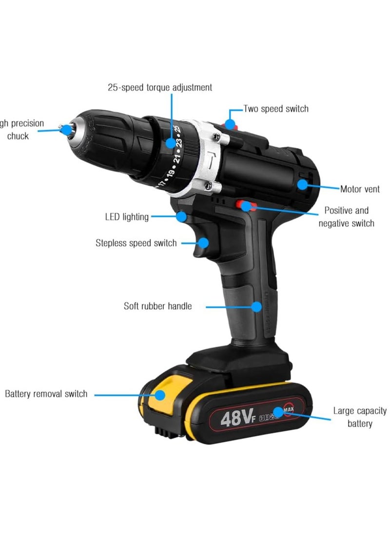 48V Cordless Manual Drill Set,25 Level Torque And Large Capacity Battery, Led Lights For Diy Home Maintenance And Repair