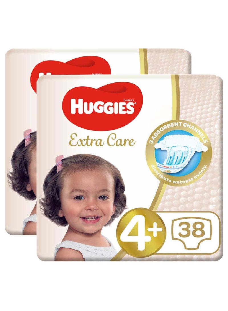 هجيز حفاضات أطفال هجيز إكسترا كير، مقاس 4+، 10-16 كجم، عبوة ترويجية مكونة من 2 × 38 حفاضة