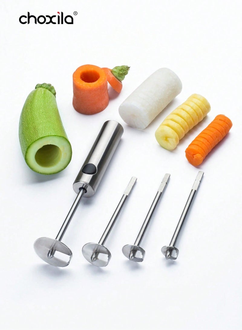 choxila Stainless Steel Vegetable Drill with Ergonomic Handle 4 Sizes Fruit Corer and Veggie Spiralizer for Zucchini Potatoes Carrot Apple Kitchen Tool for Home Use Daily Cooking - Image 1