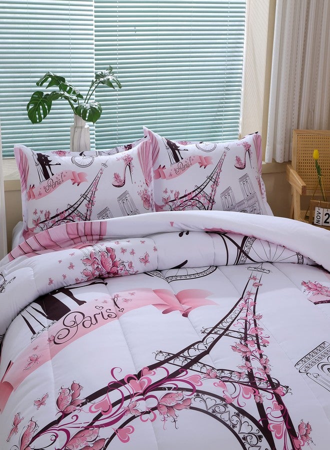 Suncloris Romantic Pink Paris Style Comforter Set for Girls and Teens, Twin Size Sweet Couple Paris Tower Bedroom Themed Bedding Comforter with 2 City Landscape Patterned Pillowcases-68 x86(Twin, Pink) - Image 5