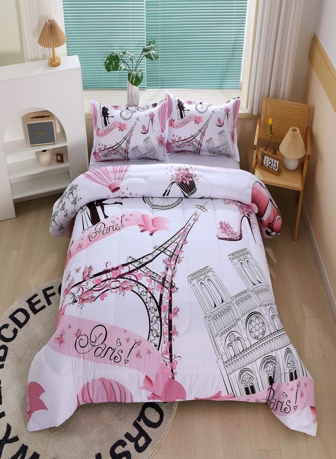 Suncloris Romantic Pink Paris Style Comforter Set for Girls and Teens, Twin Size Sweet Couple Paris Tower Bedroom Themed Bedding Comforter with 2 City Landscape Patterned Pillowcases-68 x86(Twin, Pink) - Image 1