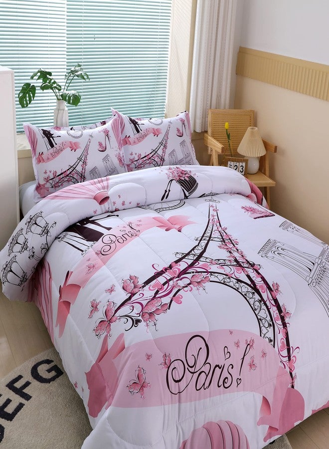 Suncloris Romantic Pink Paris Style Comforter Set for Girls and Teens, Twin Size Sweet Couple Paris Tower Bedroom Themed Bedding Comforter with 2 City Landscape Patterned Pillowcases-68 x86(Twin, Pink) - Image 3