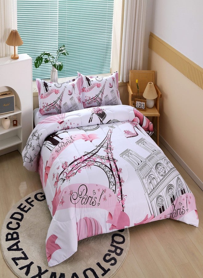 Suncloris Romantic Pink Paris Style Comforter Set for Girls and Teens, Twin Size Sweet Couple Paris Tower Bedroom Themed Bedding Comforter with 2 City Landscape Patterned Pillowcases-68 x86(Twin, Pink) - Image 2