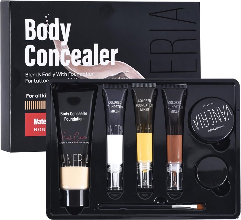 VANERIA Body Concealer Kit Tattoo Cover Up Makeup Waterproof Long Lasting Conceal Scars Spots Vitiligo Birthmarks All Skin Tones 283g