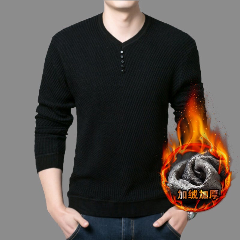 Casual V-Neck Mens Thickened Fleece Sweater Black velvet - Image 1
