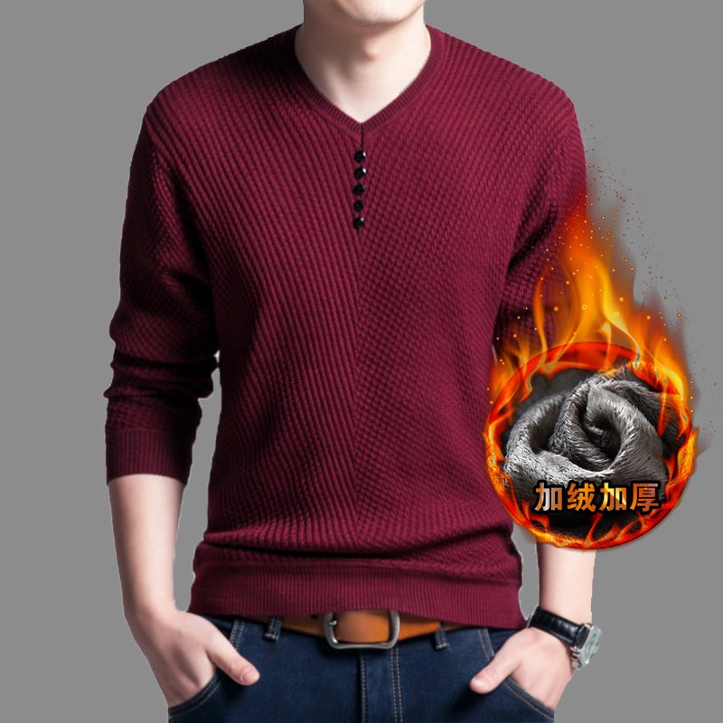 Casual V-Neck Mens Thickened Fleece Sweater Black velvet - Image 2