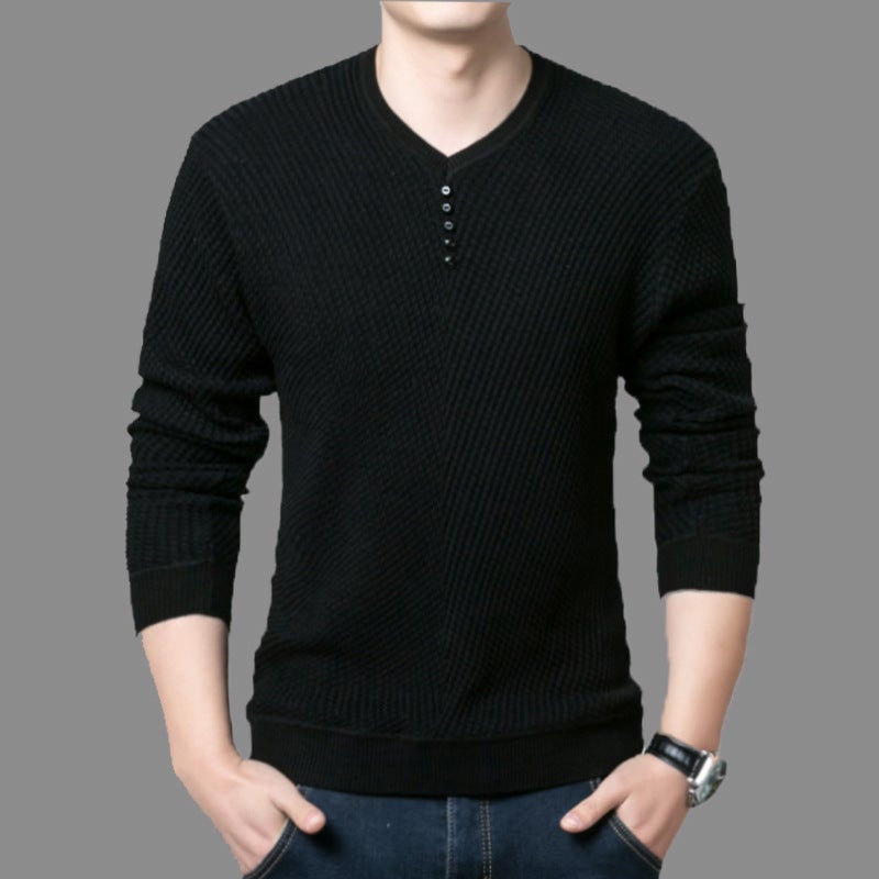 Casual V-Neck Mens Thickened Fleece Sweater Black velvet - Image 5