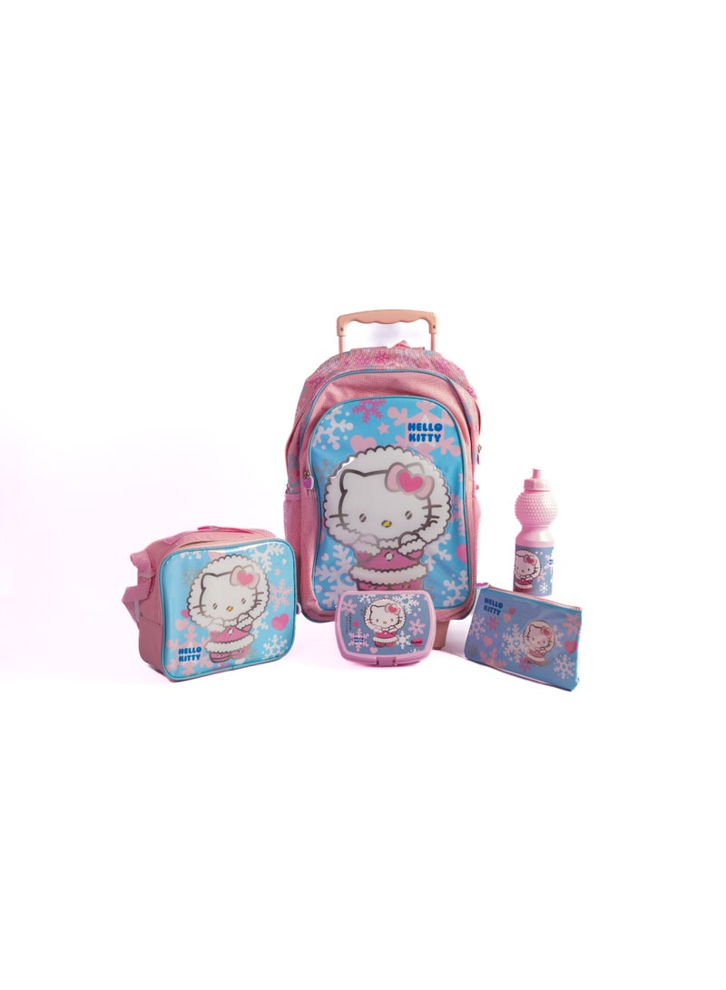 هالو كيتي مجموعة عربة المدرسة هالو كيتي 5 في 1 مع حقيبة غداء ومقلمة وزجاجة مياه وصندوق غداء – وردي - Image 1