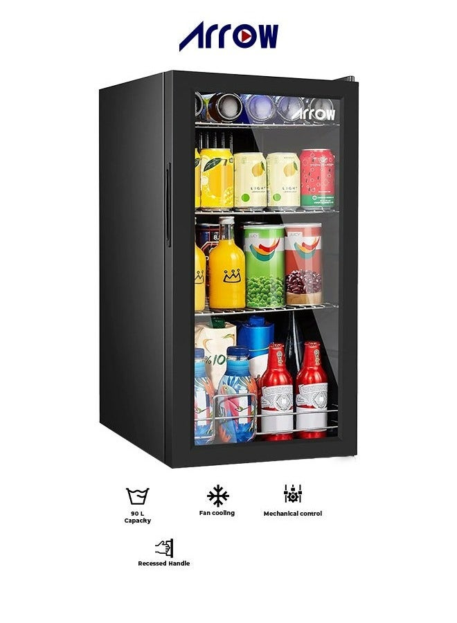 Arrow 90L Glass Door Cooling Refrigerator, 2 Cu. Ft. Capacity with Full Glass Black Panel, Recessed Handle, 3 Wire Shelves, Interior Light, Mechanical Temperature Control, Fan Cooling, and Inside Condenser | Model No: RO-110SCK - Image 1