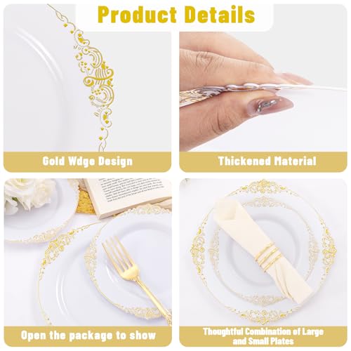 Joyido 102PCS White and Gold Plastic Plates - Heavy Duty Gold Disposable Plates Include 51PCS 7.5inch Dessert Plates, 51PCS 10.25inch Dinner Plates for Christmas & Thanksgiving Parties - Image 4