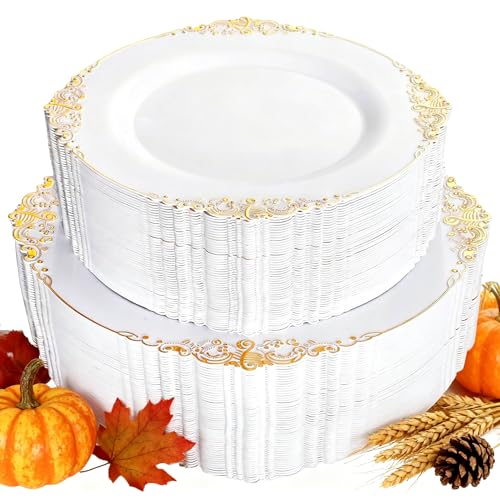 Joyido 102PCS White and Gold Plastic Plates - Heavy Duty Gold Disposable Plates Include 51PCS 7.5inch Dessert Plates, 51PCS 10.25inch Dinner Plates for Christmas & Thanksgiving Parties - Image 1
