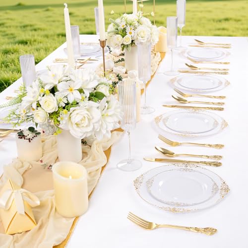 Joyido 102PCS White and Gold Plastic Plates - Heavy Duty Gold Disposable Plates Include 51PCS 7.5inch Dessert Plates, 51PCS 10.25inch Dinner Plates for Christmas & Thanksgiving Parties - Image 5