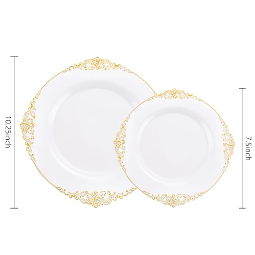 Joyido 102PCS White and Gold Plastic Plates - Heavy Duty Gold Disposable Plates Include 51PCS 7.5inch Dessert Plates, 51PCS 10.25inch Dinner Plates for Christmas & Thanksgiving Parties - Image 3