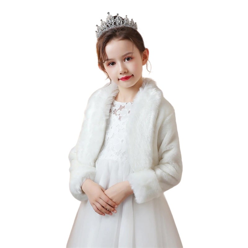 Heavyoff Girls Faux Fur Wrap Shawl Flower Kids Princess Cape Wedding Bolero Jacket Shrug for Party Evening, White B - Image 1