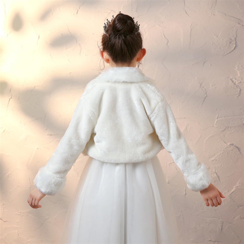 Heavyoff Girls Faux Fur Wrap Shawl Flower Kids Princess Cape Wedding Bolero Jacket Shrug for Party Evening, White B - Image 4