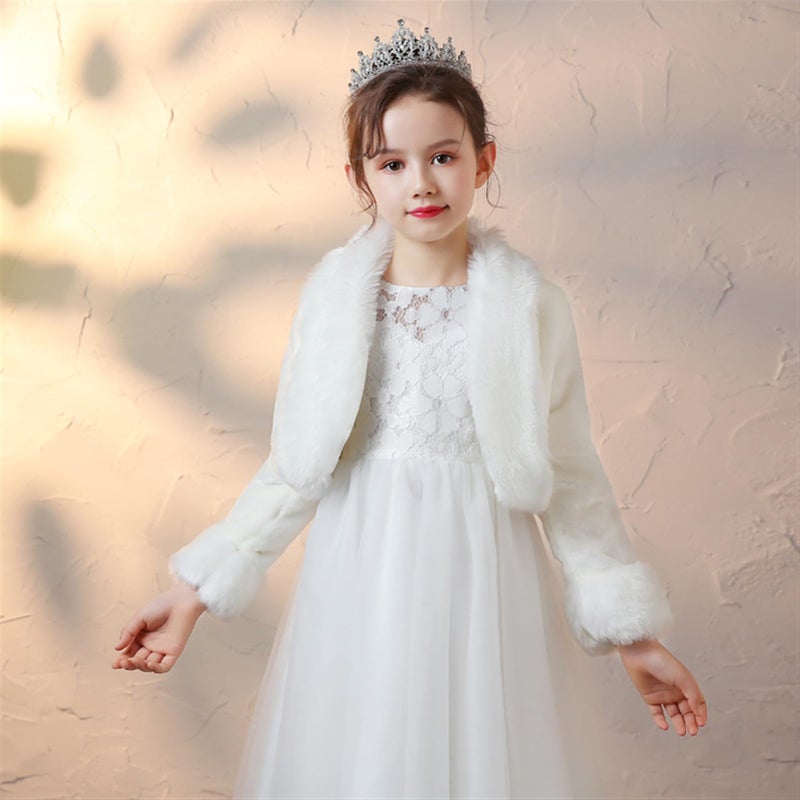 Heavyoff Girls Faux Fur Wrap Shawl Flower Kids Princess Cape Wedding Bolero Jacket Shrug for Party Evening, White B - Image 2