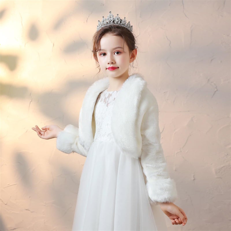 Heavyoff Girls Faux Fur Wrap Shawl Flower Kids Princess Cape Wedding Bolero Jacket Shrug for Party Evening, White B - Image 3