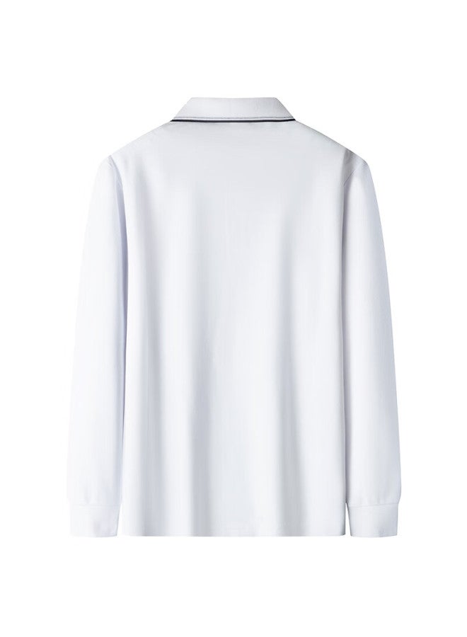 Limeng Pure Cotton Long-sleeve T-shirt, Men's Polo Shirt, Spring And Autumn Solid Color Lapel Tee Top, White, 3XL - Image 1