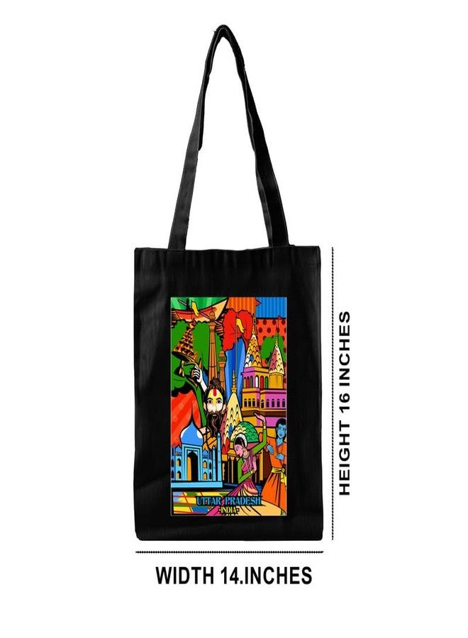 PrintingZone Uttar Pradesh Canvas Printed Tote Bag For Women | Zipper & Pouch | Shopping/Grocery Bag | Multi-Purpose Bag | Reusable Eco-Friendly Cotton Handbags, Canvas Tote Bags For College(TB03) - Image 2