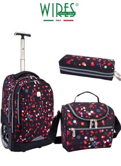 Wires 3 Piece Kids School Trolley Bag laptop compartment Big Wheels With Lunch bag & Pencil Case  - Image 1