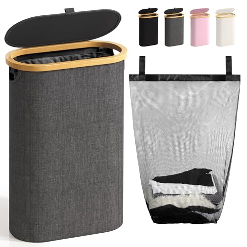 Bathola Slim Laundry Hamper with Lid 60L Small Laundry Basket with HandlesRemovable Bag Thin Dirty Clothes Hampers for Laundry Narrow Laundry Hampers for Bedroom Aesthetic Dark Grey - Image 1