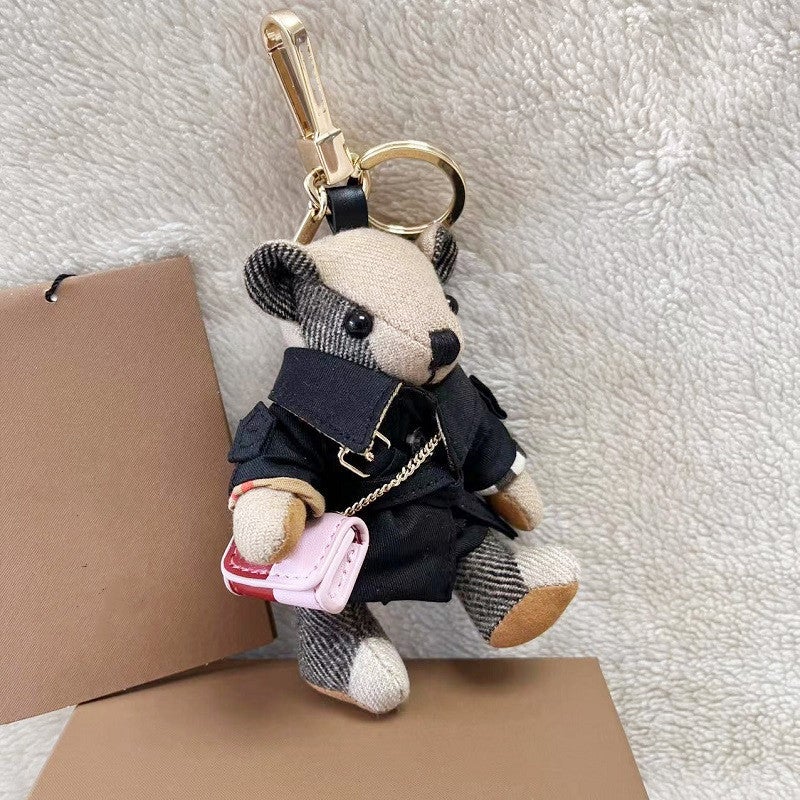 Handmade Cashmere Plaid Teddy Bear Keychain Black Windbreaker Crossbody Bear 