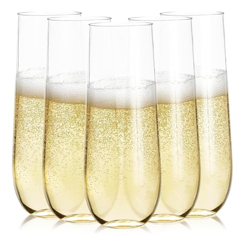 Prestee 24 Plastic Champagne Flutes  9oz Heavy Duty Stemless Champagne Glasses for Parties  Disposable Clear Plastic Toasting Glasses Mimosa Glass for New Years Eve Party Supplies