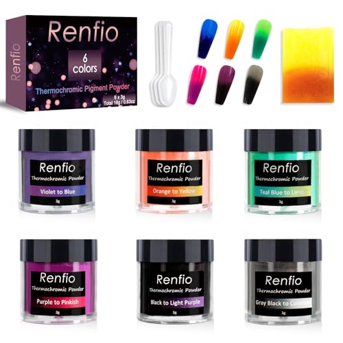 Renfio 6 Colors Thermochromic Pigment Powder,18g/0.63oz Color Changing Powder Temperature Activated at 88℉/31℃,Thermochromic Pigment 3g Each for Epoxy Resin,Slime,Nail,Tumblers,Paint,Fabric,Dye - Image 1