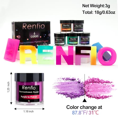 Renfio 6 Colors Thermochromic Pigment Powder,18g/0.63oz Color Changing Powder Temperature Activated at 88℉/31℃,Thermochromic Pigment 3g Each for Epoxy Resin,Slime,Nail,Tumblers,Paint,Fabric,Dye - Image 3
