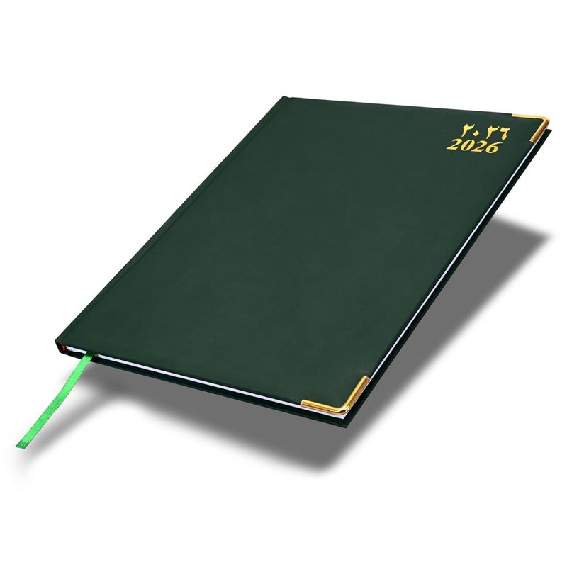 FIS 2026 Executive Diary, 210x260mm, 1 Side Padded Vinyl Cover, Golden Corners, 1 Week at a Glance, Arabic/English/French, 70gsm White Paper, Green Cover-FSDI33AE26GR - Image 1