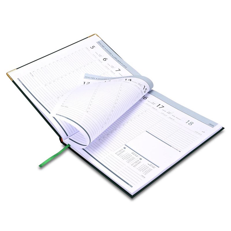 FIS 2026 Executive Diary, 210x260mm, 1 Side Padded Vinyl Cover, Golden Corners, 1 Week at a Glance, Arabic/English/French, 70gsm White Paper, Green Cover-FSDI33AE26GR - Image 4