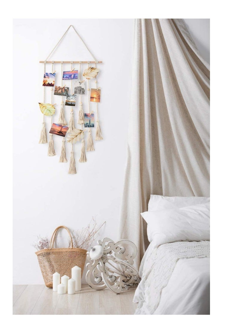 DELFINO Hanging Photo Display with Macrame Decorative Wall Pictures Organizer,  for Home Decor Wooden Clips (White) - Image 4