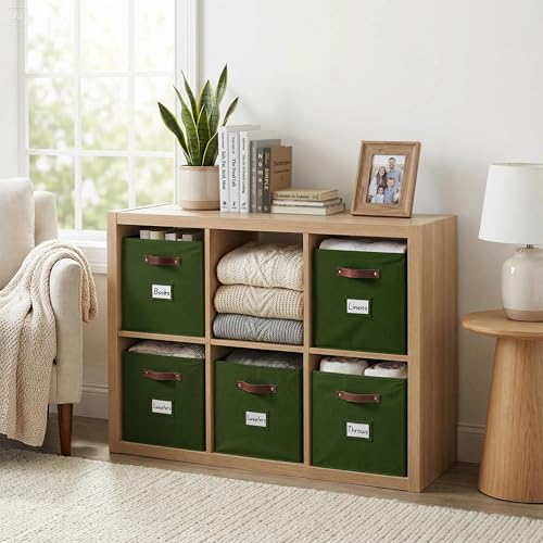 DECOMOMO Storage Bins Cube Storage Bin with Labels Fabric Storage Cubes for Shelves 105 x 11 6pcs Olive Green - Image 3
