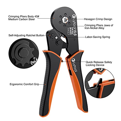 Lytool Hexagonal Ferrule Crimper Tool AWG28-5 (0.08-16mm²), Lytool Wire Ferrule Crimping Tool, Self-Adjustable Ratchet Wire Crimping Pliers for Wire Ferrules Terminals Connector Kit, Cables End-sleeves - Image 2