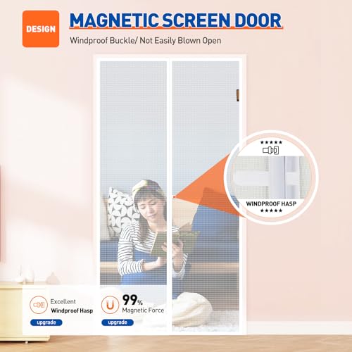 MAGZO باب شاشة مغناطيسية MAGZO تناسب حجم الباب 30 x 80 بوصة، حجم الشاشة 32" x 81" شبكة باب مغناطيسية قوية مع خطاف وحلقة معززة للباتيو، المنزلزلق، الفرنسي، أبيض - Image 4