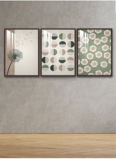 ثلاث لوحات جدارية120x60سم مع برواز بني وطبقة اكريلك شفاف بتصميم تجريدي
