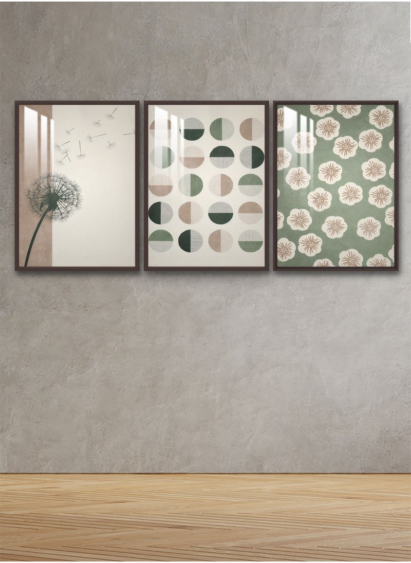 ماركتنا ثلاث لوحات جدارية120x60سم مع برواز بني وطبقة اكريلك شفاف بتصميم تجريدي  - Image 1