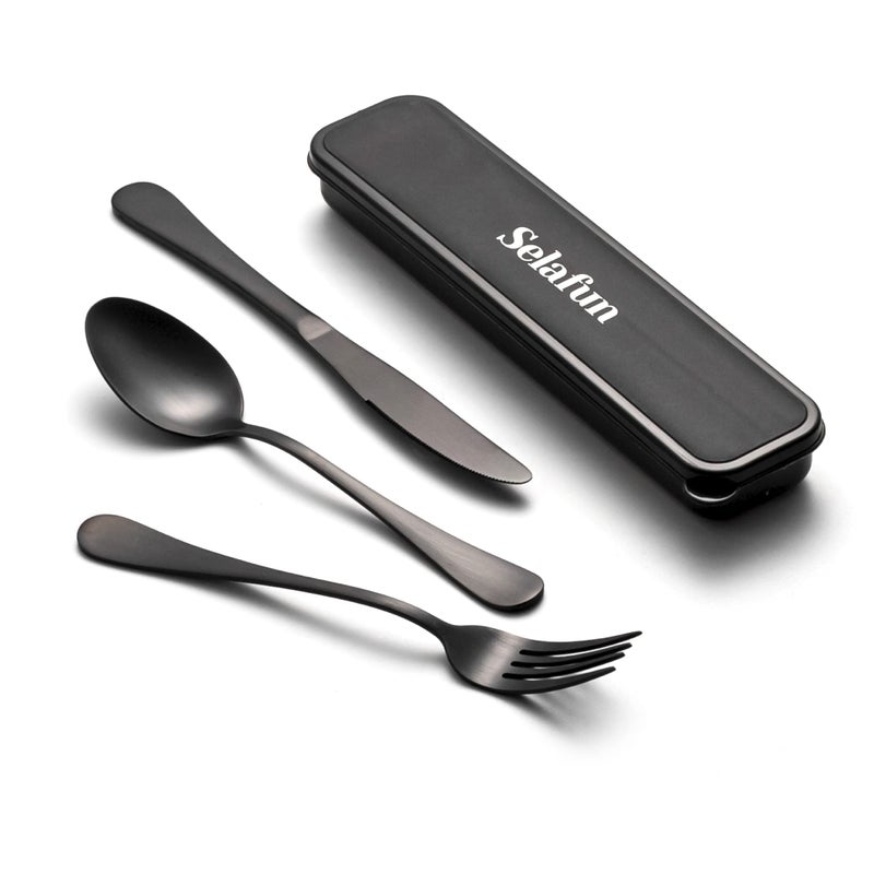 Selafun 4pieces Travel Set with Case Portable Silverware Utensils Set for work Stainless Steel Reusable Flatware Set Cutlery Set for Camping Picnic Hiking Office 8inch Matte Black