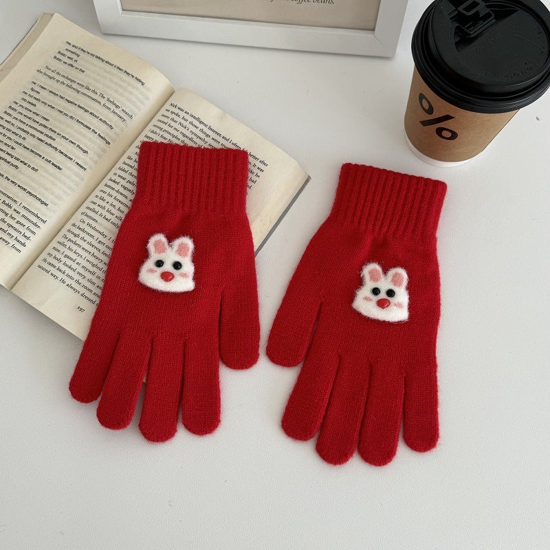 Japanese cute plush gloves womens winter warm cold warm long gloves can touch screen to play with snow atmosphere 1-Rabbit Red