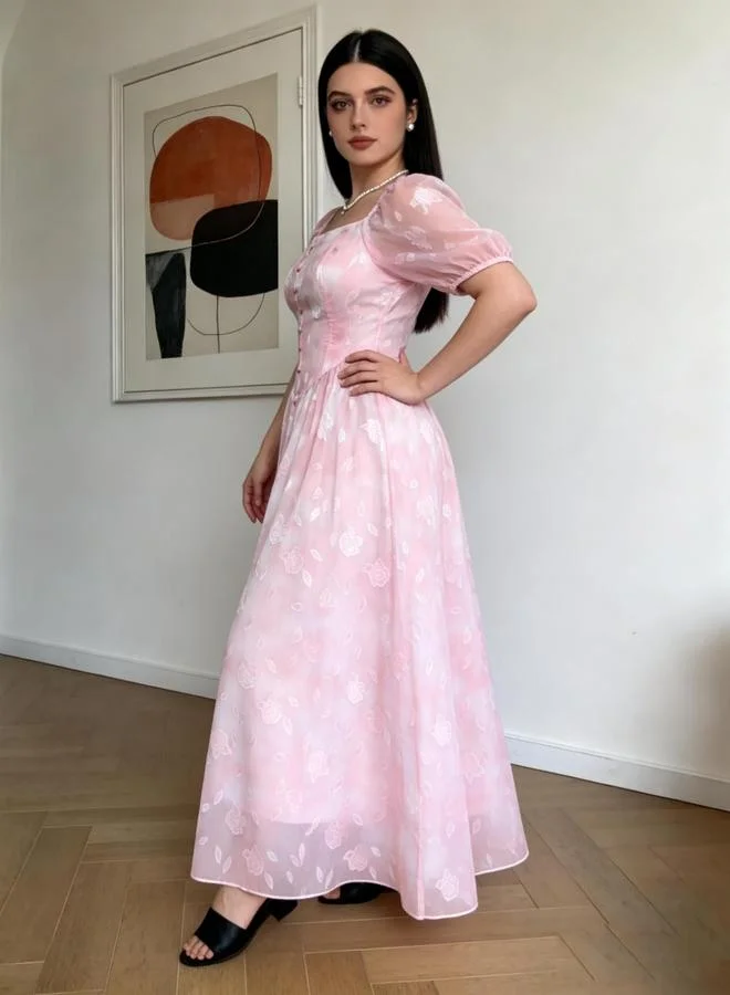 Take Two Pink Floral Puff Sleeve A-Line Maxi Dress
