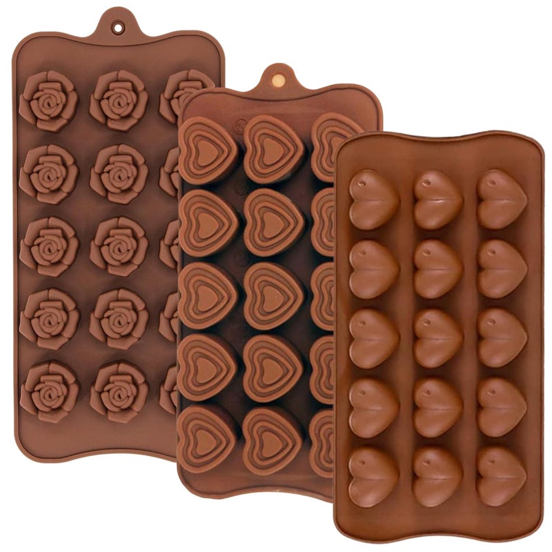 MoldBerry 3 Pack Chocolate Mould Making 3D Heart Shape Rose Shape Chocolate Molds Crayon Candy Gummy Cookie Muffin Cake Cupcake Baking Jelly Ice Cube Mold Flexible Reusable Molds - Image 1