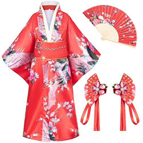 Elibelle Japanese Traditional Dress Kimono Robe for Kids Girls Costume Silk Folding Fans hairstick Set(Red130cm) - Image 2