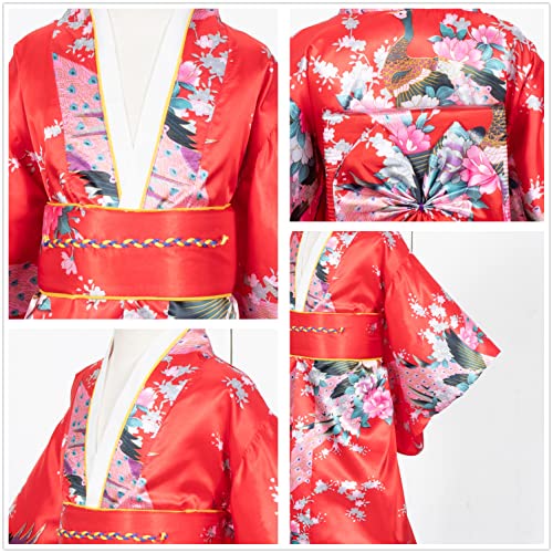 Elibelle Japanese Traditional Dress Kimono Robe for Kids Girls Costume Silk Folding Fans hairstick Set(Red130cm) - Image 3