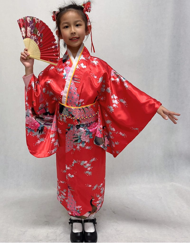 Elibelle Japanese Traditional Dress Kimono Robe for Kids Girls Costume Silk Folding Fans hairstick Set(Red130cm) - Image 4